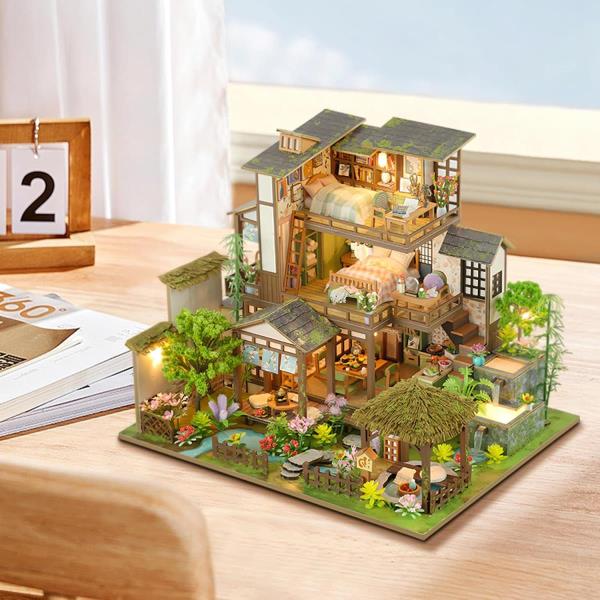 DIY Bamboo Spring Courtyard LED Music Miniature Dollhouse