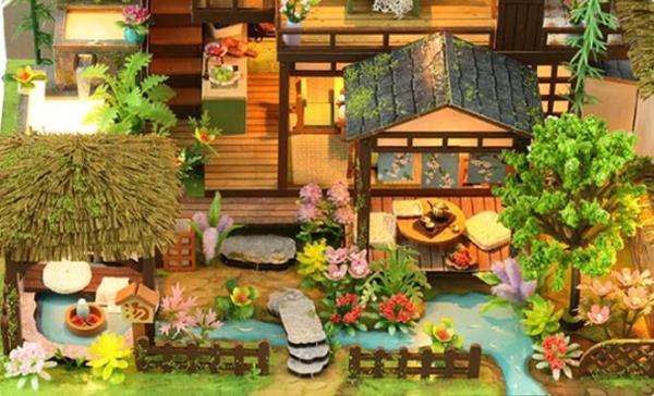 DIY Bamboo Spring Courtyard LED Music Miniature Dollhouse
