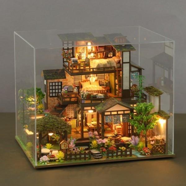 DIY Bamboo Spring Courtyard LED Music Miniature Dollhouse