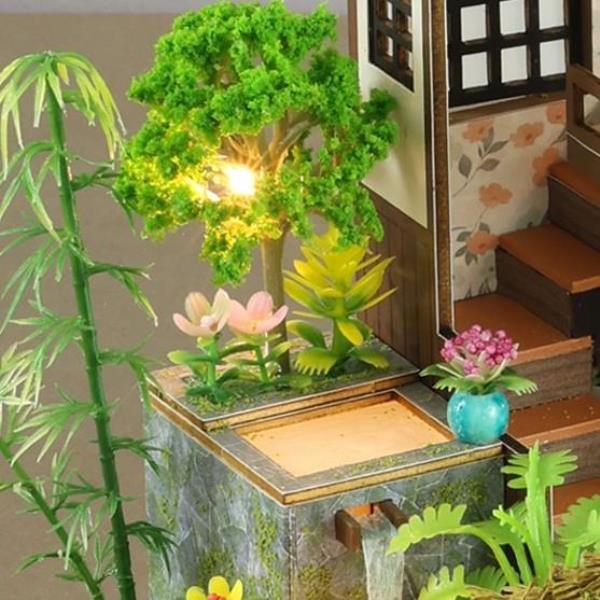 DIY Bamboo Spring Courtyard LED Music Miniature Dollhouse