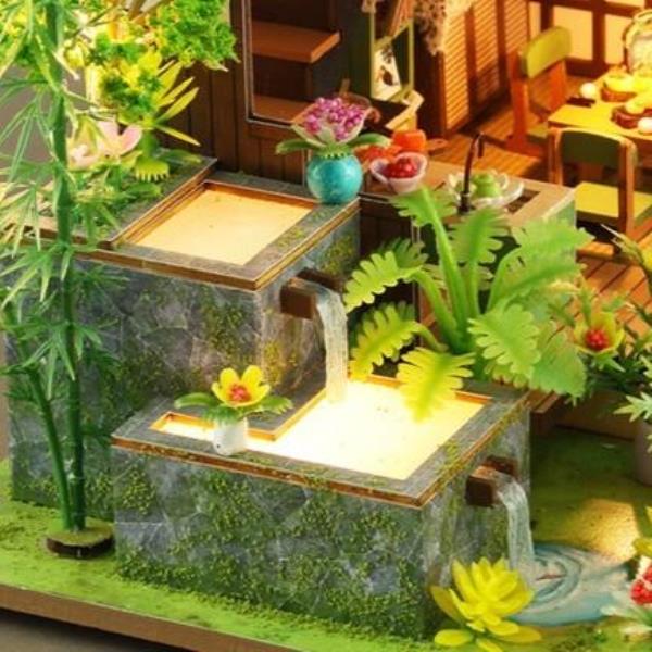 DIY Bamboo Spring Courtyard LED Music Miniature Dollhouse