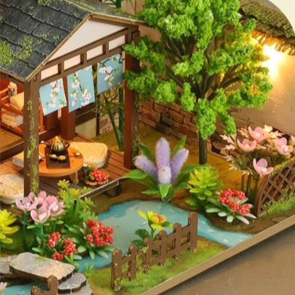 DIY Bamboo Spring Courtyard LED Music Miniature Dollhouse
