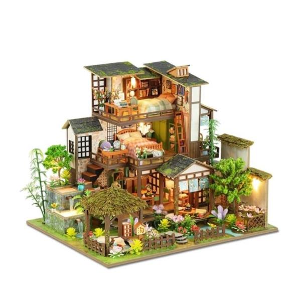 DIY Bamboo Spring Courtyard LED Music Miniature Dollhouse