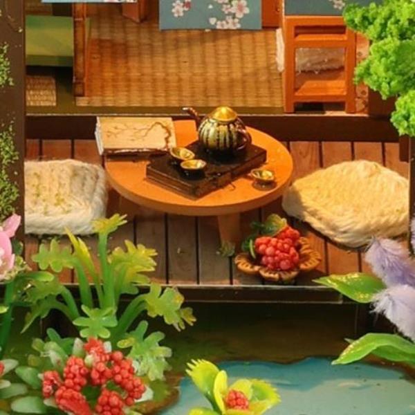 DIY Bamboo Spring Courtyard LED Music Miniature Dollhouse