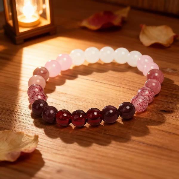 Rose Quartz Garnet Rhodonite Gemstone Beaded Bracelet
