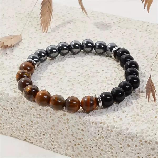 Tiger Eye Black Obsidian Hematite Natural Stone Beaded Bracelet