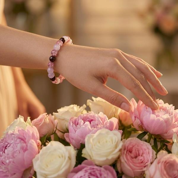 Rose Quartz Strawberry Quartz Garnet Beaded Bracelet