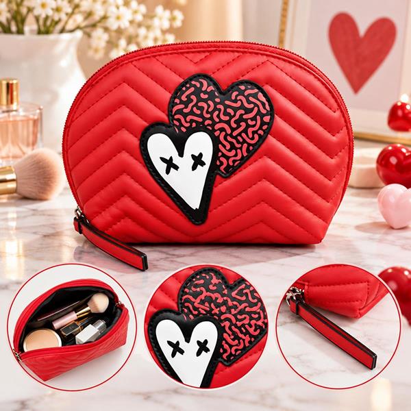 Red Heart PU Leather Makeup Bag