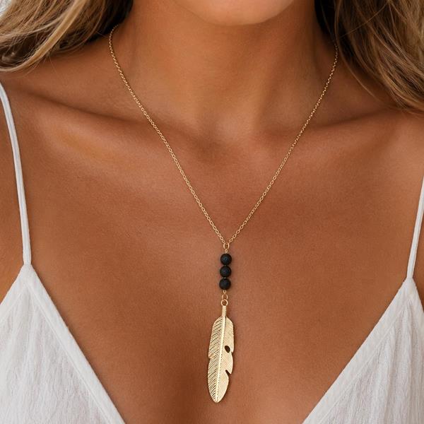 Volcano Stone Metal Feather Pendant Necklace