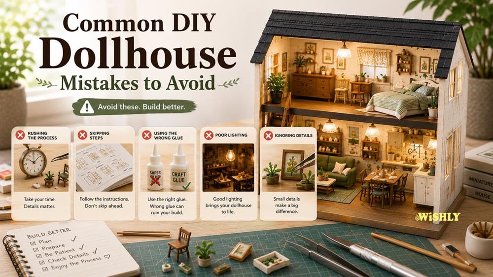 Common DIY Dollhouse Mistakes to Avoid guide showing a detailed miniature house, crafting tools, and beginner tips for building DIY dollhouse kits successfully.