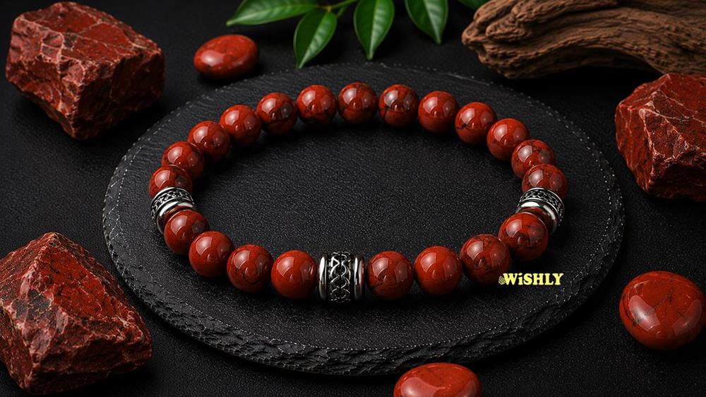 Red Jasper bracelet with polished deep red gemstone beads displayed alongside natural Red Jasper stones on a dark textured slate surface.