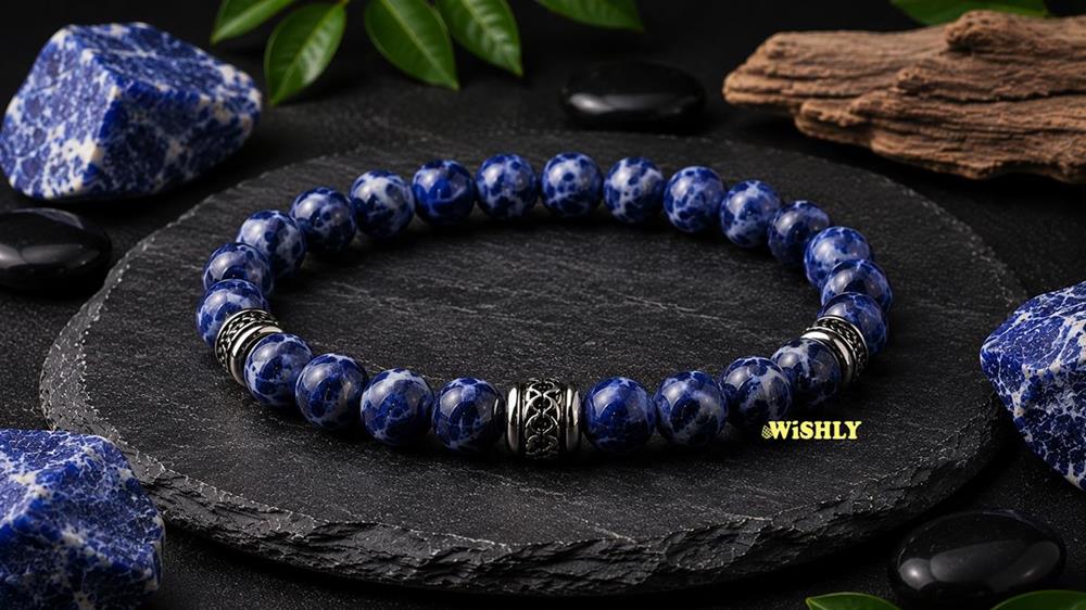 Sodalite bracelet with polished deep blue gemstone beads and natural white veining displayed alongside rough Sodalite stones on a dark slate surface.