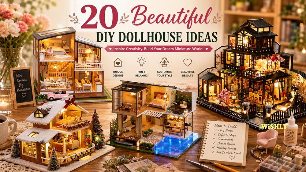 20 Beautiful DIY Dollhouse Ideas featuring a collection of detailed DIY dollhouse kits, including modern homes, Japanese-style houses, and seasonal miniature designs for creative inspiration.