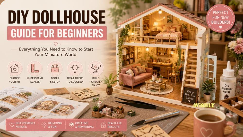 DIY dollhouse guide for beginners featuring a detailed miniature house, essential crafting tools, warm LED lighting, and a cosy workspace for building miniature house kits.