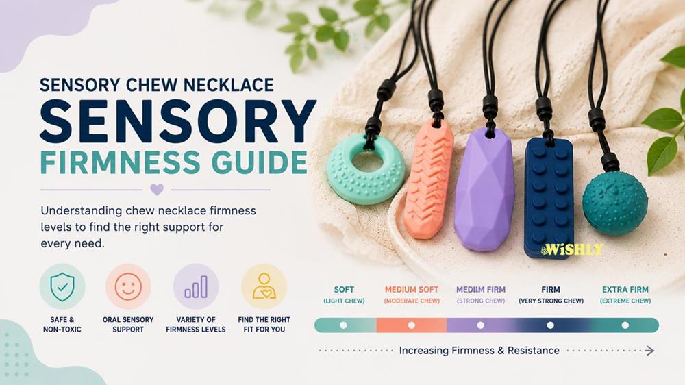 Sensory chew necklaces in different firmness levels from soft to extra firm, illustrating how to choose the right chew strength.