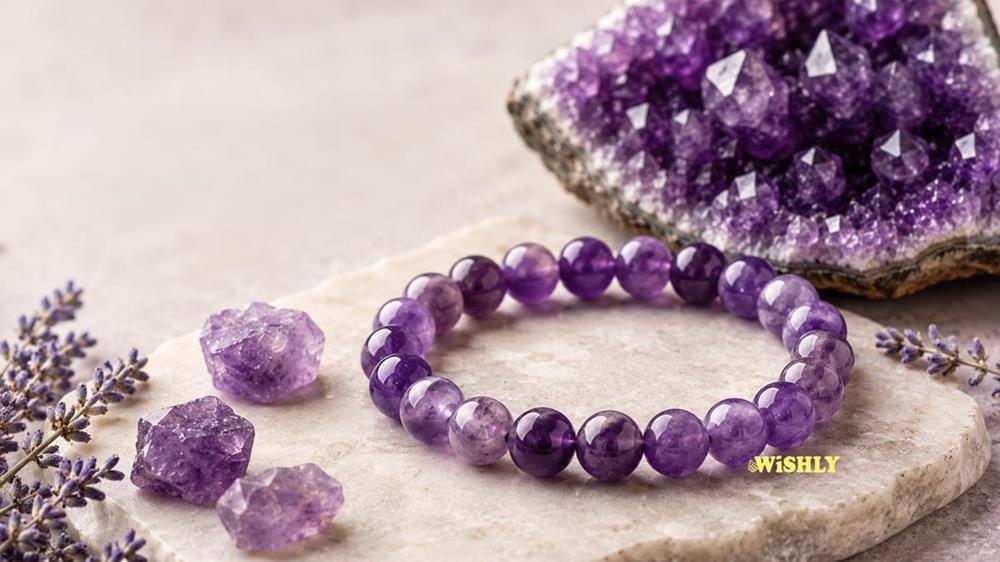 Amethyst bracelet with polished purple gemstone beads displayed beside natural amethyst crystals and a crystal geode.