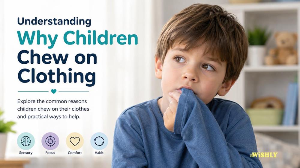 Child chewing the sleeve of a shirt, illustrating common reasons children chew on clothing and practical alternatives for parents.