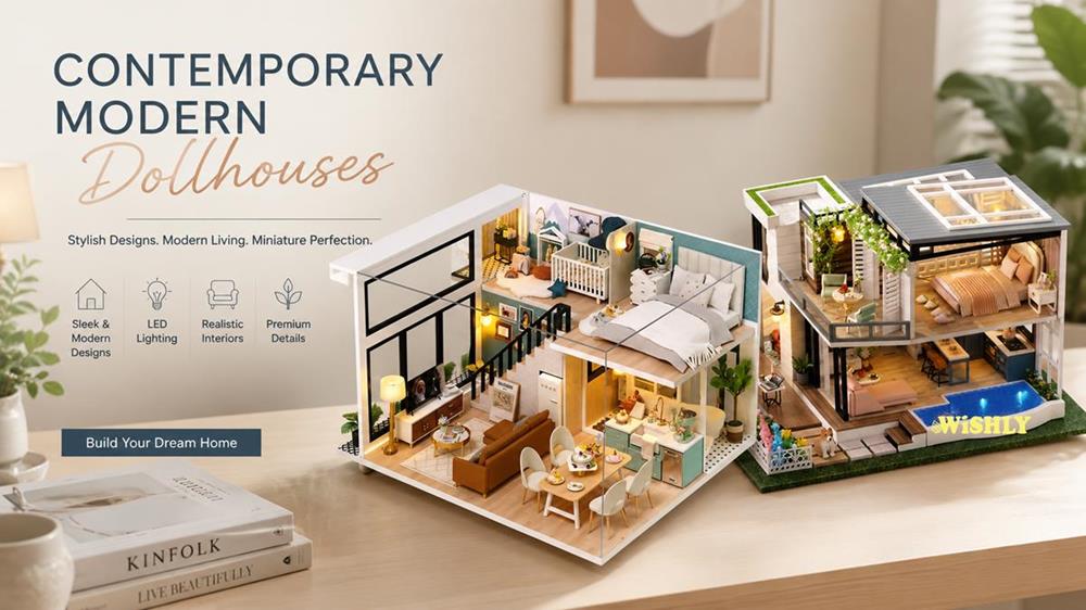 Contemporary modern DIY dollhouses featuring stylish miniature homes with open-plan interiors, luxury villas, warm LED lighting, and detailed miniature house kits.
