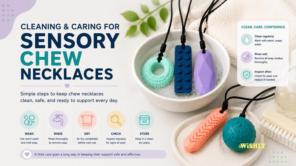 Sensory chew necklaces being cleaned with warm soapy water alongside simple care and maintenance steps for safe everyday use.