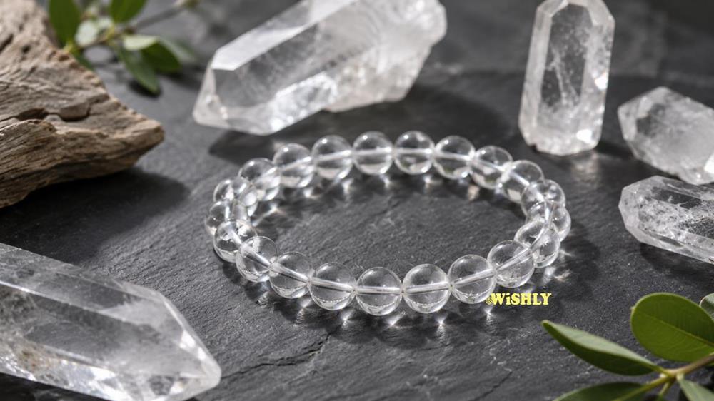 Clear Quartz bracelet with polished transparent crystal beads displayed alongside natural Clear Quartz crystal points on a dark stone surface.