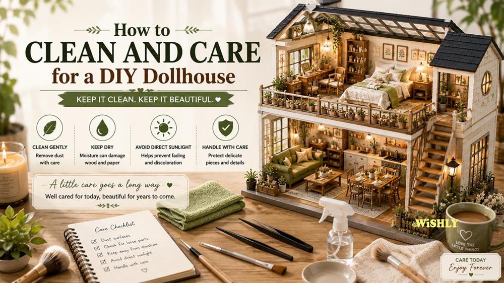 How to Clean and Care for a DIY Dollhouse guide featuring a detailed miniature house, cleaning tools, and essential maintenance tips for preserving DIY dollhouse kits.