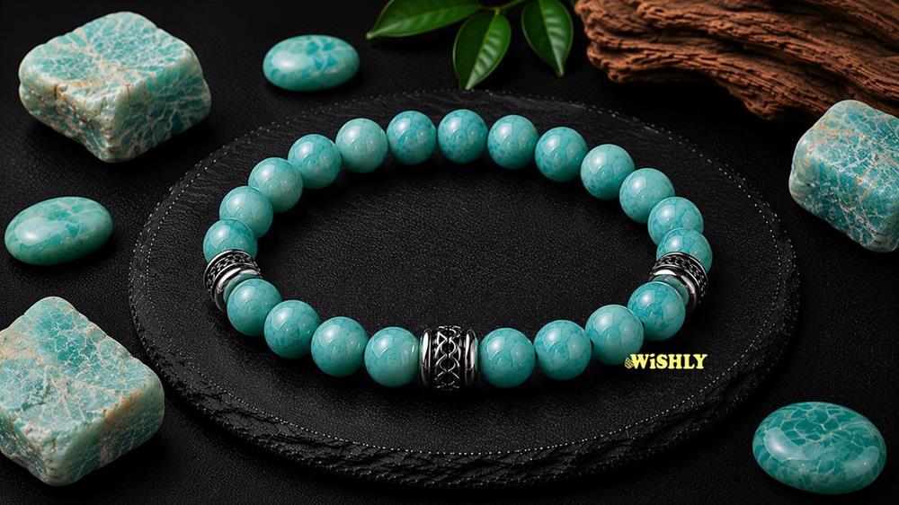 Amazonite bracelet with polished blue-green gemstone beads displayed alongside natural Amazonite stones on a dark textured slate surface.