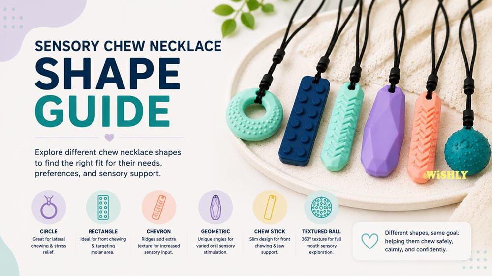 Collection of sensory chew necklaces in different shapes and textures, illustrating how shape affects chewing preferences and oral sensory support.