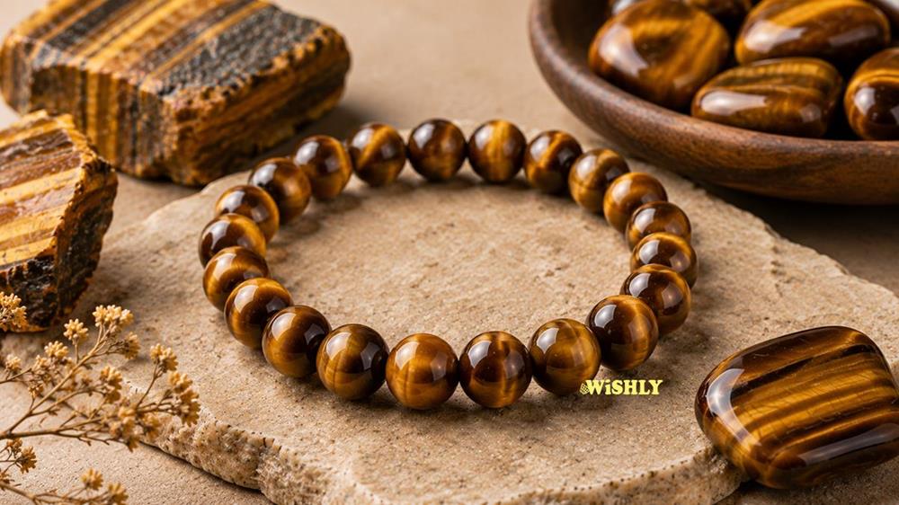 Tiger Eye bracelet with polished golden-brown gemstone beads displayed alongside natural Tiger Eye stones on a textured stone surface.