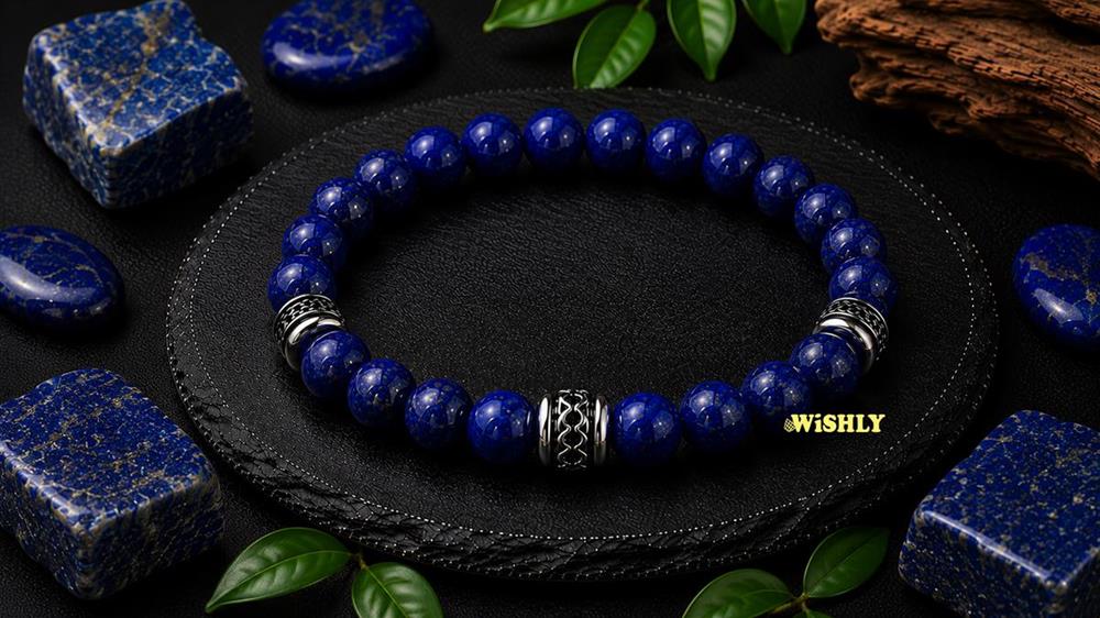 Lapis Lazuli bracelet with polished royal blue gemstone beads featuring natural pyrite flecks displayed alongside rough Lapis Lazuli stones on a dark textured slate surface.