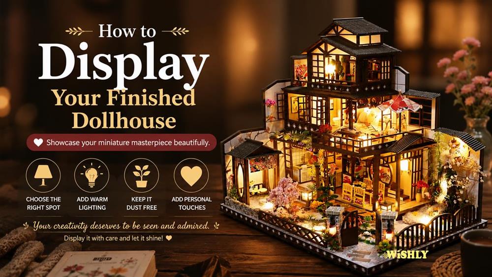How to Display Your Finished Dollhouse guide featuring a beautifully illuminated Japanese-style DIY dollhouse with display ideas, lighting inspiration, and home décor tips.
